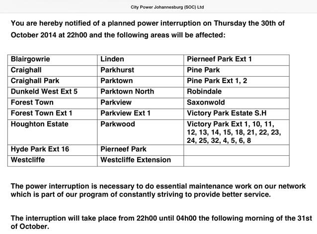 Power Outage In Rosebank And Surrounding Areas Rosebank Killarney Gazette